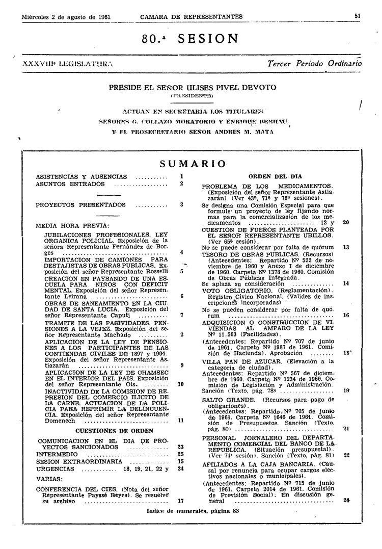 DIARIO DE SESIONES DE LA CAMARA DE REPRESENTANTES del 02/08/1961